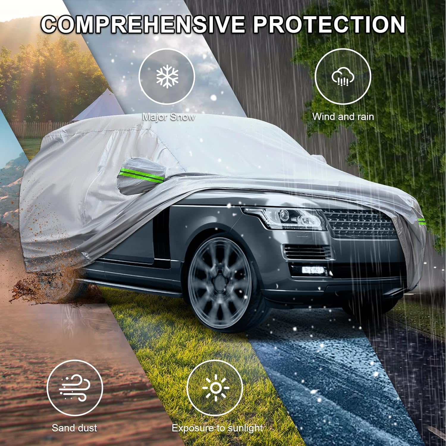 Full Car Cover Universal 6 Layers Outdoor Thicked All Weather Cover, Sunshield, Waterproof, Snow Proof, UV Proof, Scratch Proof, Bird Droppings, 6 Reflective Strips, Fits SUVs up 205"-216" - Image 2