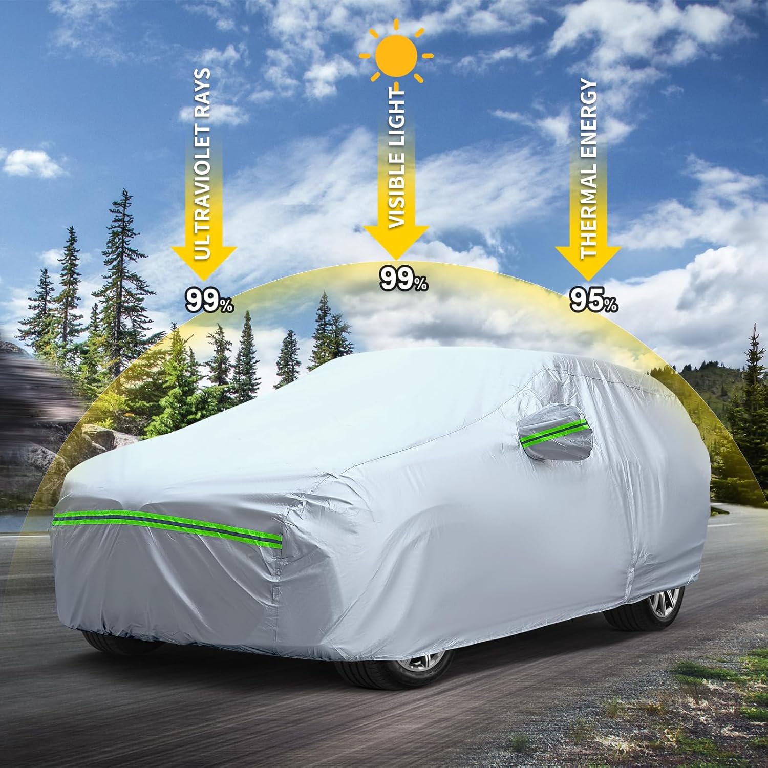 Full Car Cover Universal 6 Layers Outdoor Thicked All Weather Cover, Sunshield, Waterproof, Snow Proof, UV Proof, Scratch Proof, Bird Droppings, 6 Reflective Strips, Fits SUVs up 205"-216" - Image 3