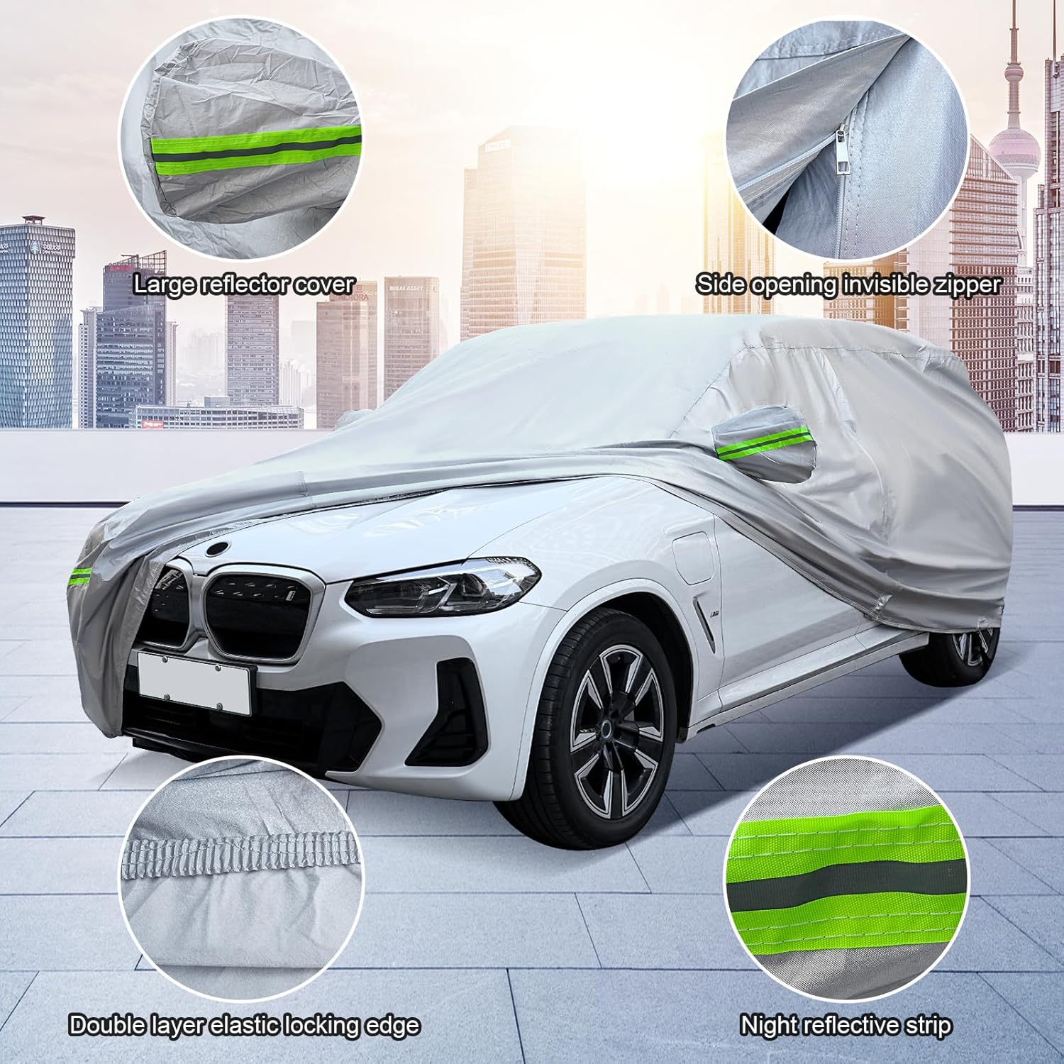Full Car Cover Universal 6 Layers Outdoor Thicked All Weather Cover, Sunshield, Waterproof, Snow Proof, UV Proof, Scratch Proof, Bird Droppings, 6 Reflective Strips, Fits SUVs up 205"-216" - Image 4