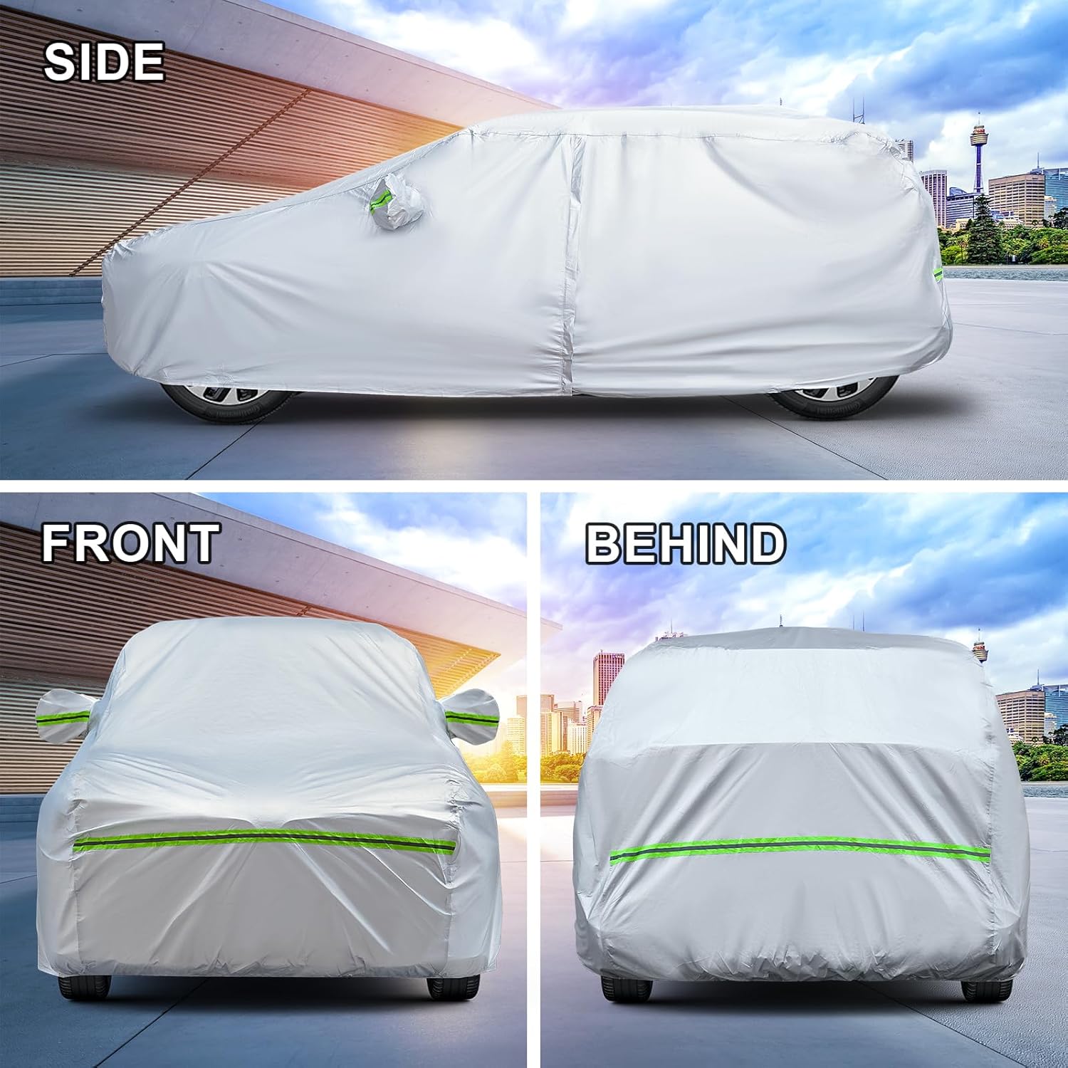 Full Car Cover Universal 6 Layers Outdoor Thicked All Weather Cover, Sunshield, Waterproof, Snow Proof, UV Proof, Scratch Proof, Bird Droppings, 6 Reflective Strips, Fits SUVs up 205"-216" - Image 5