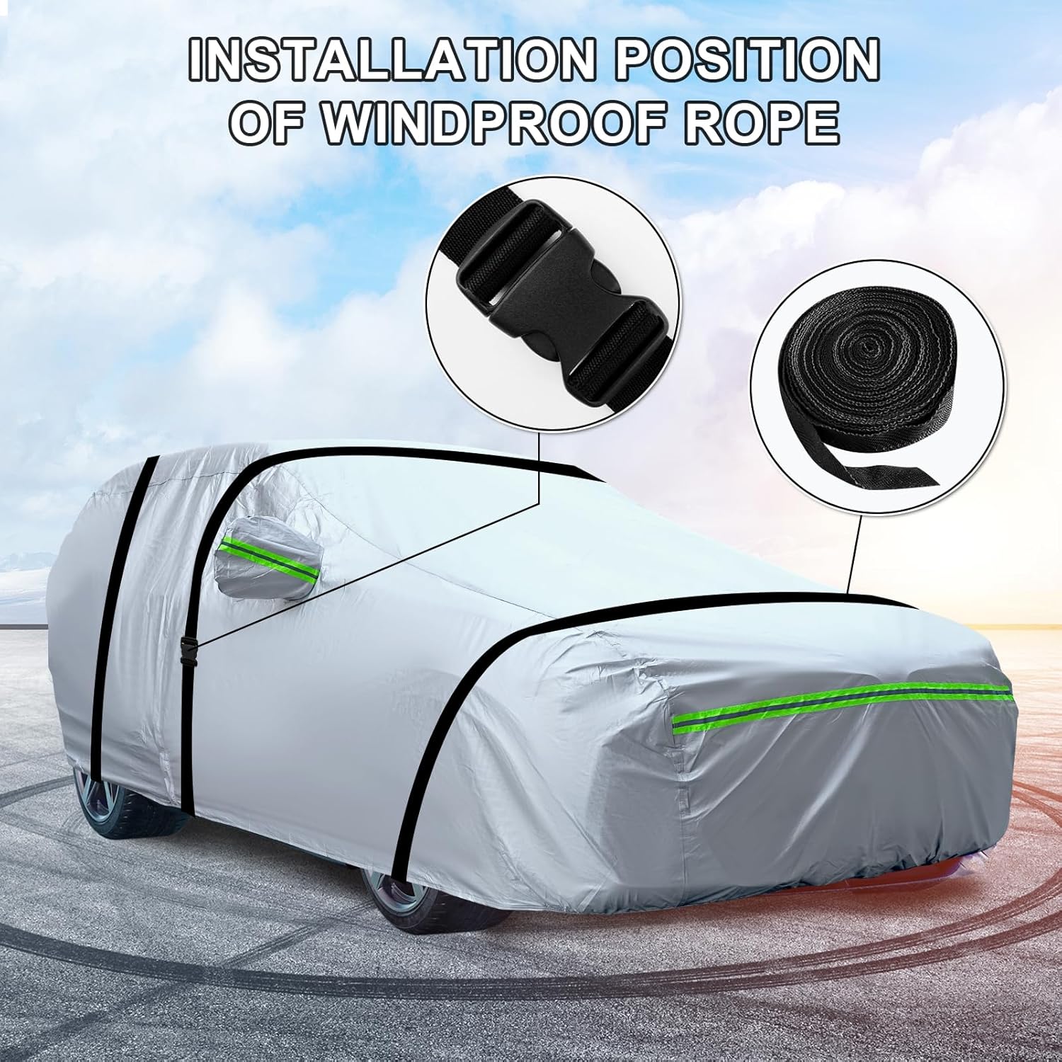 Full Car Cover Universal 6 Layers Outdoor Thicked All Weather Cover, Sunshield, Waterproof, Snow Proof, UV Proof, Scratch Proof, Bird Droppings, 6 Reflective Strips, Fits SUVs up 205"-216" - Image 7