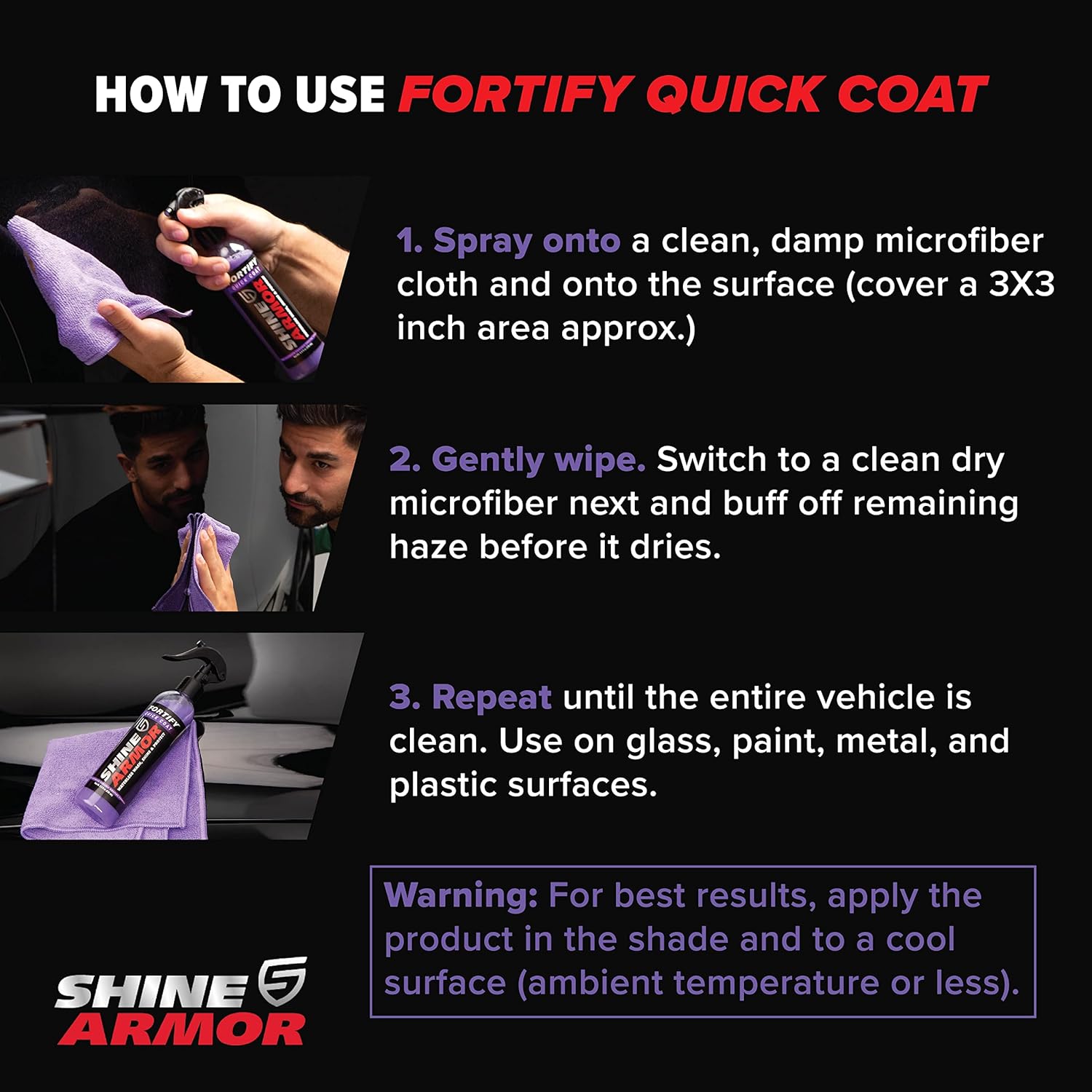 SHINE ARMOR Fortify Quick Coat - 8oz Ceramic Waterless Detailer Spray | 3-in-1 Wash, Wax & Nano-Ceramic Coating | Mirror Shine, Zero Streaks, No Dust Residue | 6-12 Month Protection | Made in USA | Spray On, Wipe Off. Ceramic Protection That Lasts 6 to 12 Months - Image 4