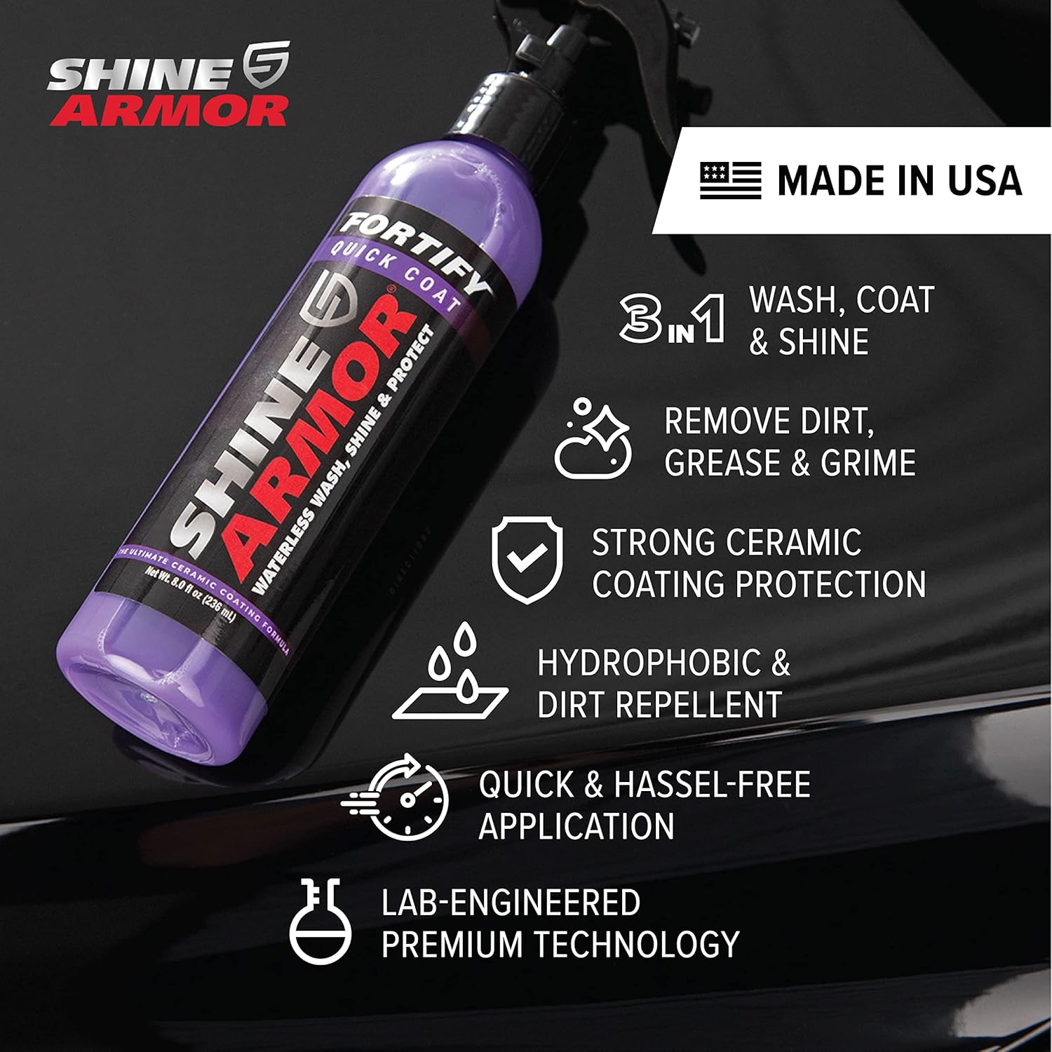 SHINE ARMOR Fortify Quick Coat - 8oz Ceramic Waterless Detailer Spray | 3-in-1 Wash, Wax & Nano-Ceramic Coating | Mirror Shine, Zero Streaks, No Dust Residue | 6-12 Month Protection | Made in USA | Spray On, Wipe Off. Ceramic Protection That Lasts 6 to 12 Months - Image 5